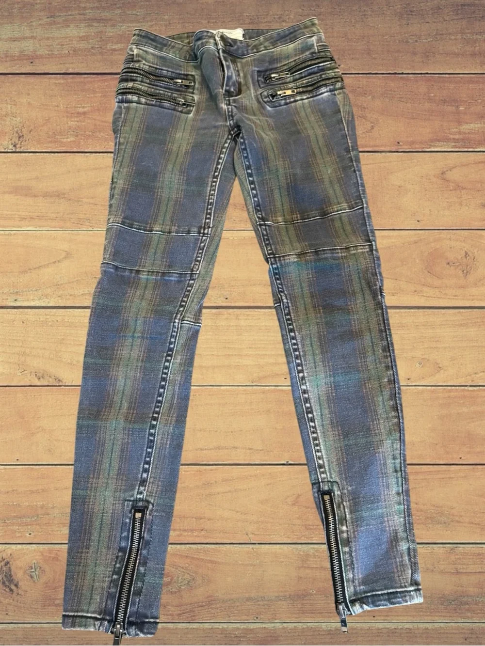Free People Women's Lennon Tartan Plaid  Ankle  Zip Moto Jeans Size 24